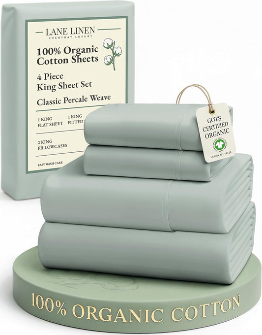 PureCotton Organic King Sheets – 100% Cotton, 15" Deep Pocket, Percale, Temperature Regulating, Cool Blue